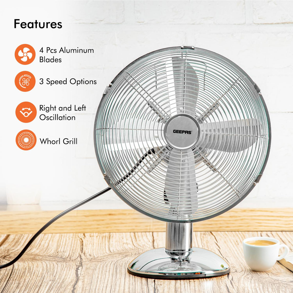 Silver and Copper Portable 12-Inch Metal Desk Fan | Geepas UK