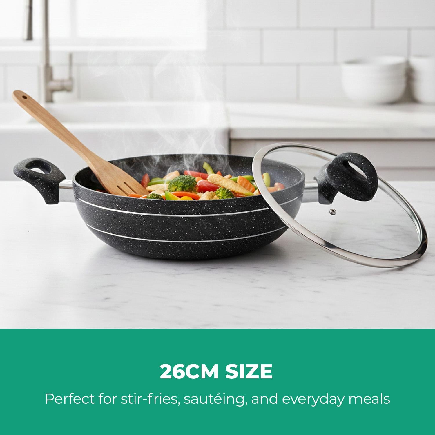Wok Pan Frying Pan Glass Lid Non-Stick Granite Coating 26Cm