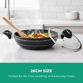 Wok Pan Frying Pan Glass Lid Non-Stick Granite Coating 26Cm
