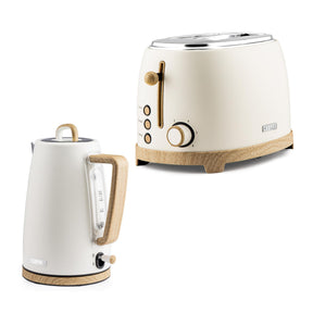 Cream kettle and toaster set with wooden accents on a white background.