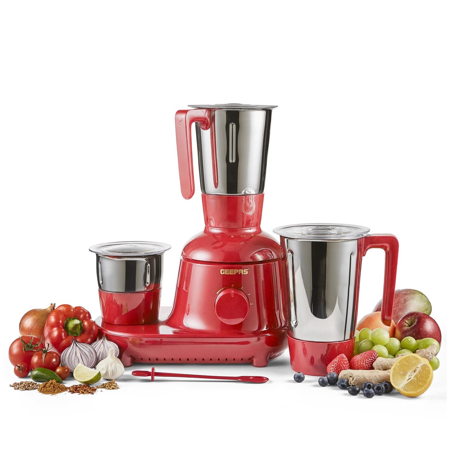 The 3-in-1 red mixer grinder with three different grinding jars, for wet and dry grinding on a white background.
