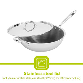 28cm Stainless Steel Tri-Ply Wok Pan With Lid