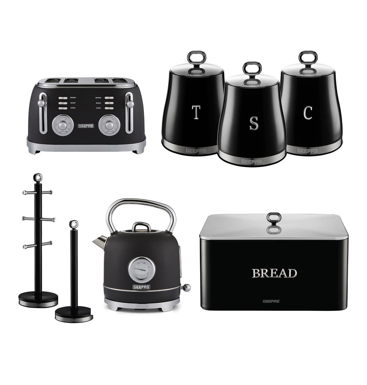 Black Kettle, Toaster, Storage Canister, Bread Bins Kitchen Set