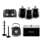Black Kettle, Toaster, Storage Canister, Bread Bins Kitchen Set