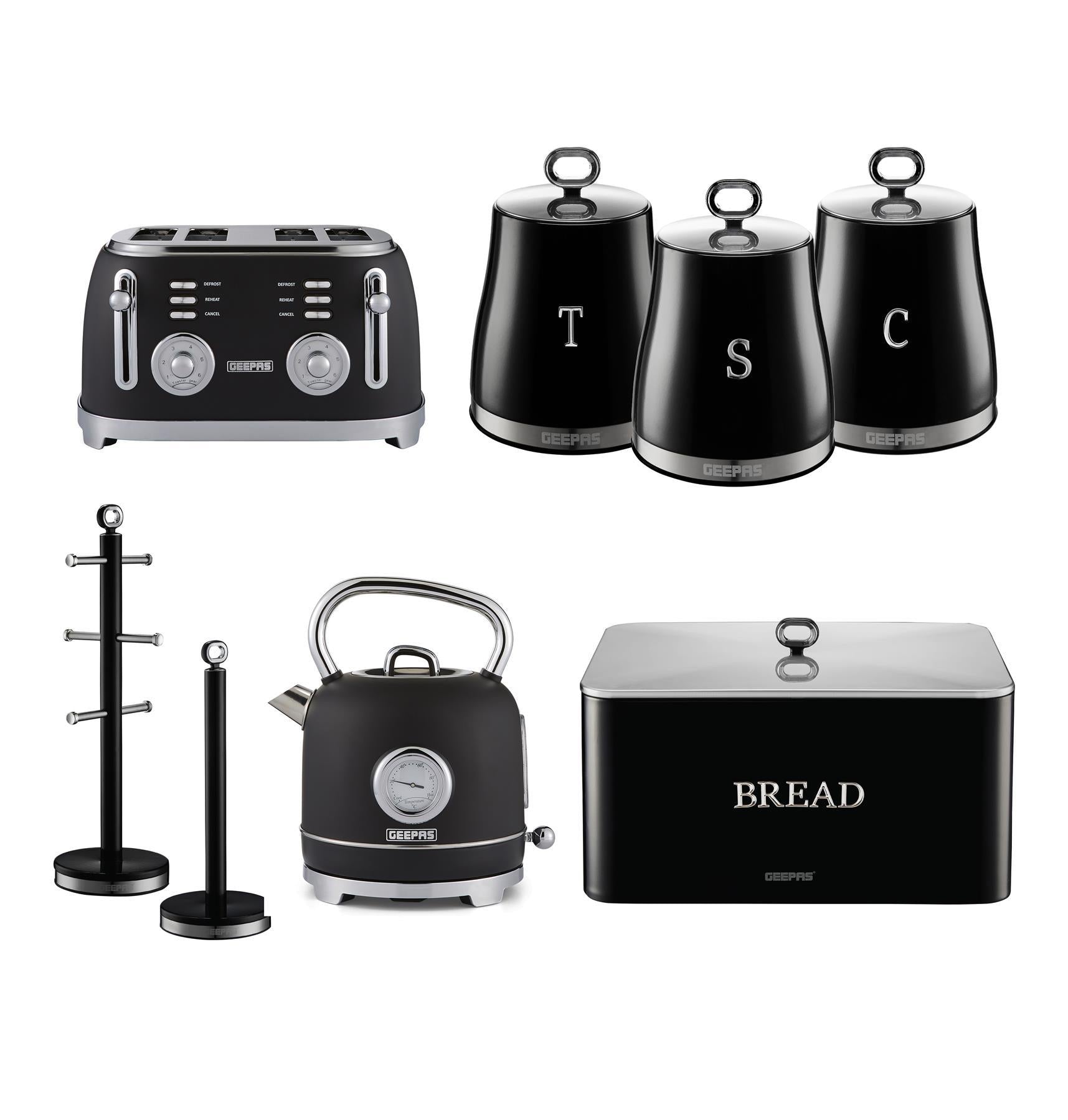 Black Kettle, Toaster, Storage Canister, Bread Bins Kitchen Set
