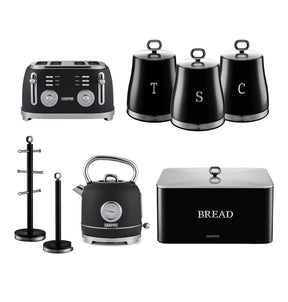 Black Kettle, Toaster, Storage Canister, Bread Bins Kitchen Set