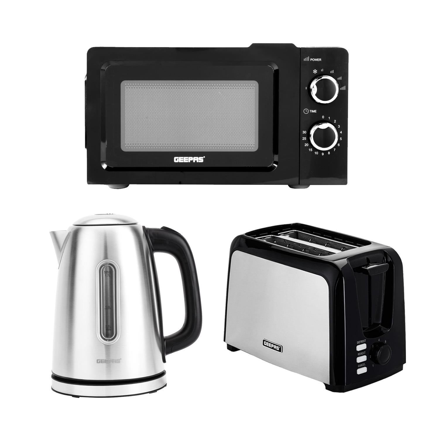 2 Slice Toaster, 1.7L Electric Kettle & 20L Solo Microwave Set