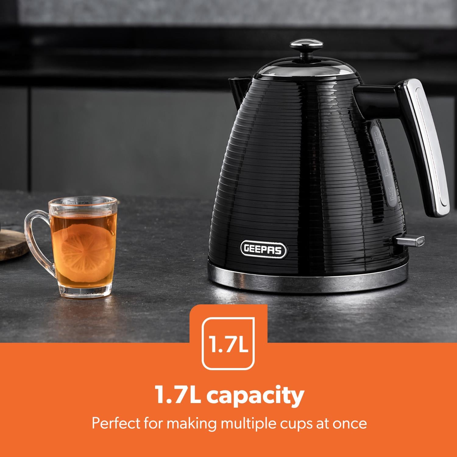 1.7L 3000W Electric Kettle & 4 Slice Toaster Kitchen Set Linear Black