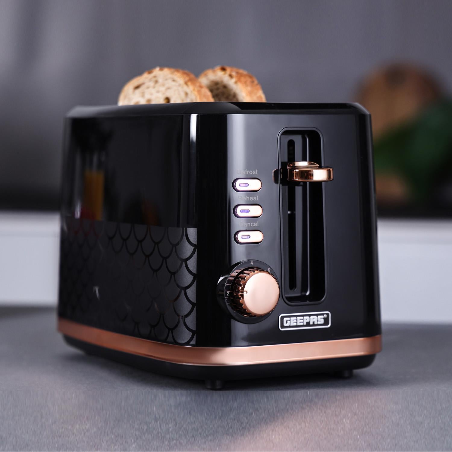 Aurora 2-Slice Black and Rose Gold Bread Toaster 7 Browning Levels