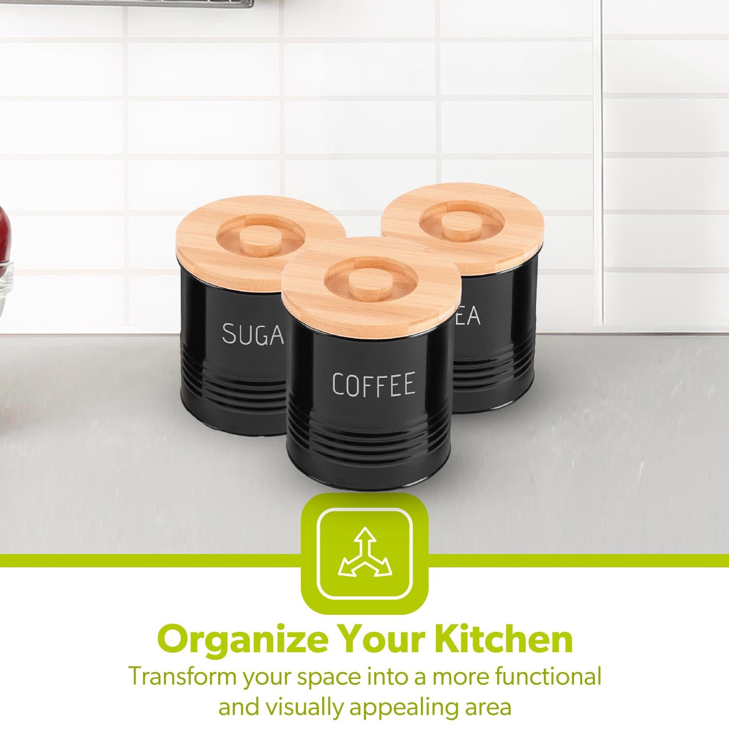 3-Piece Black Tea, Coffee and Sugar Kitchen Storage Canister Jars