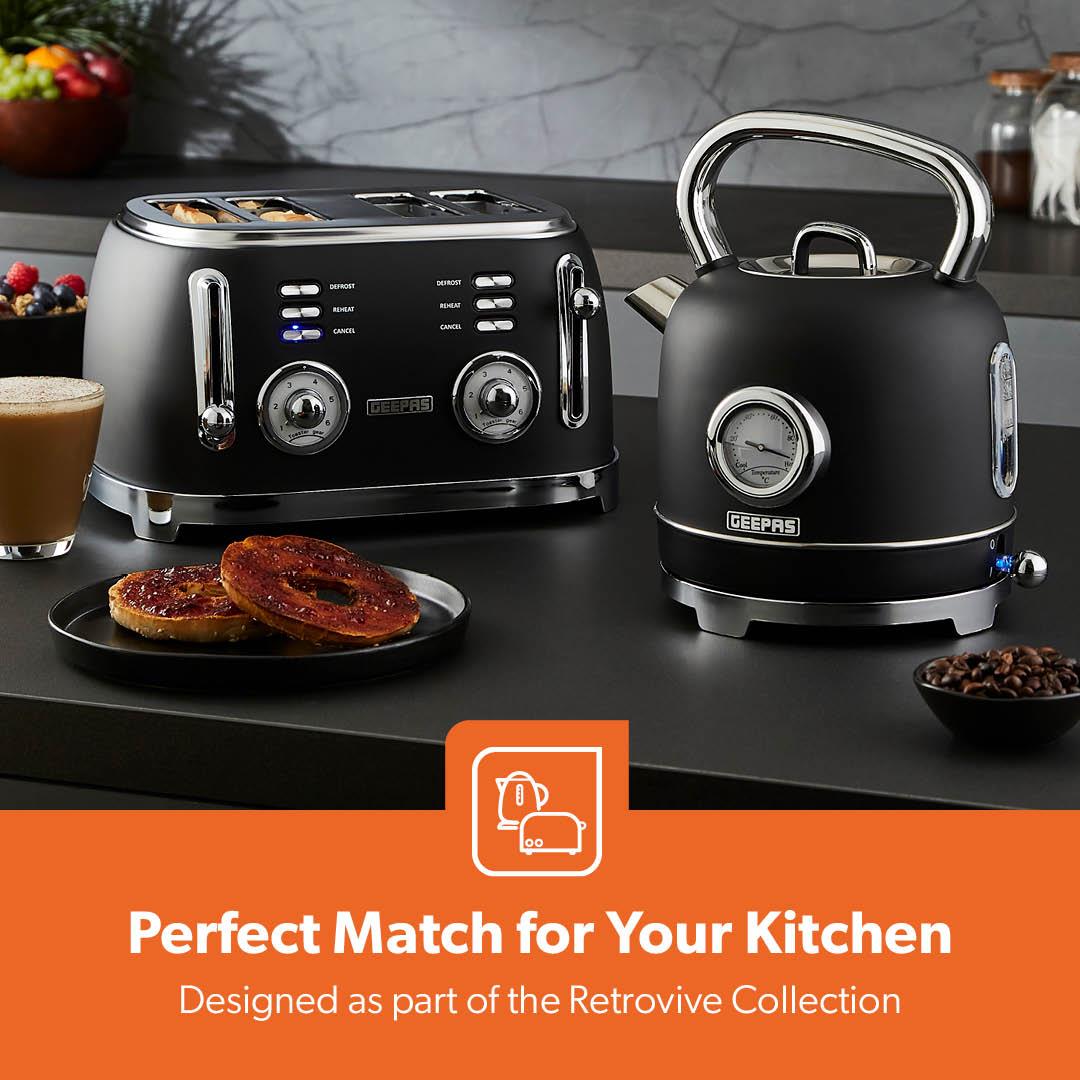 Black Retrovive 4 Slice Bread Toaster 6 Browning Levels 1500W