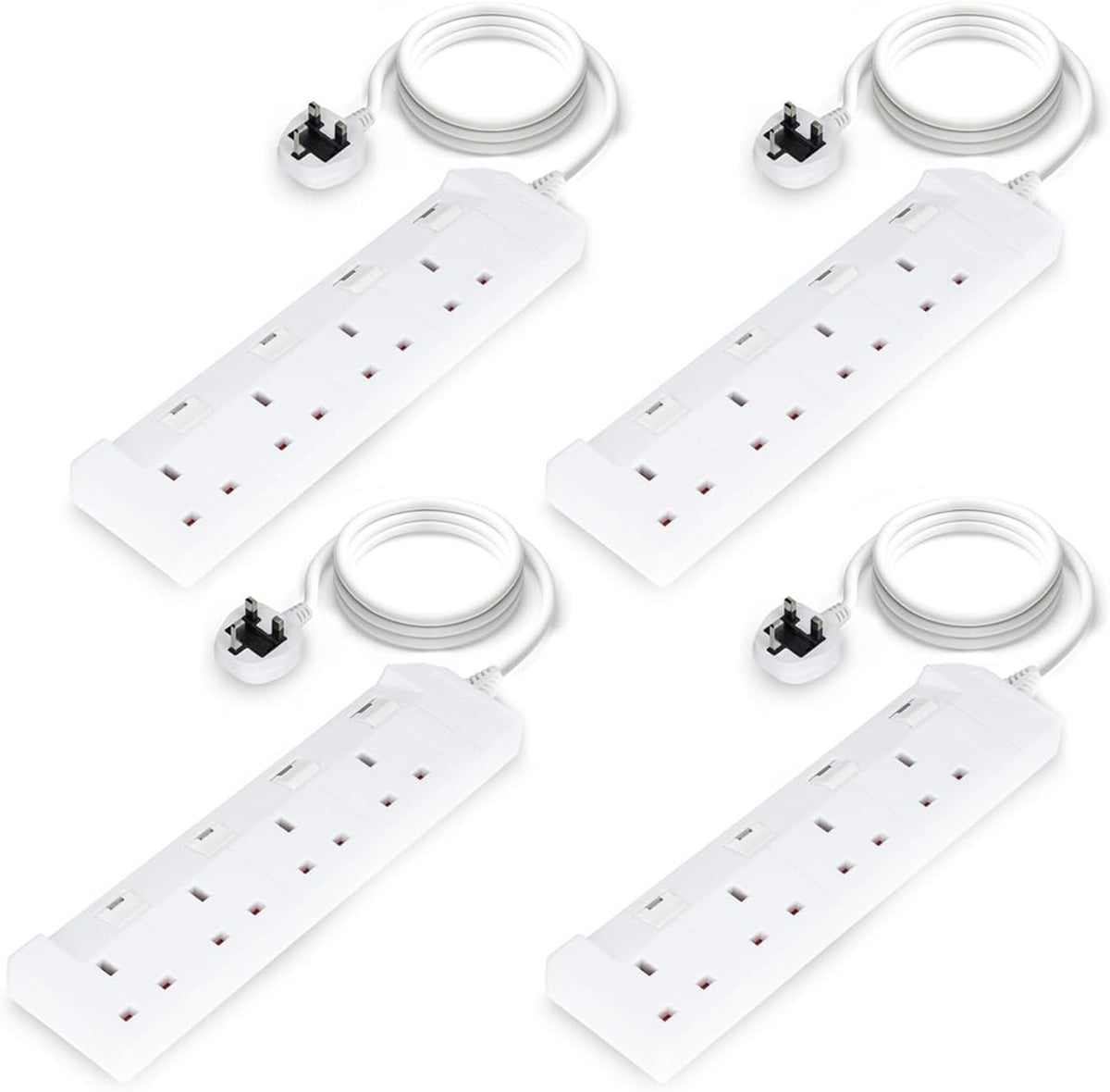 Pack Of 4 White 4 Gang Extension Leads With 2 Metre Cable