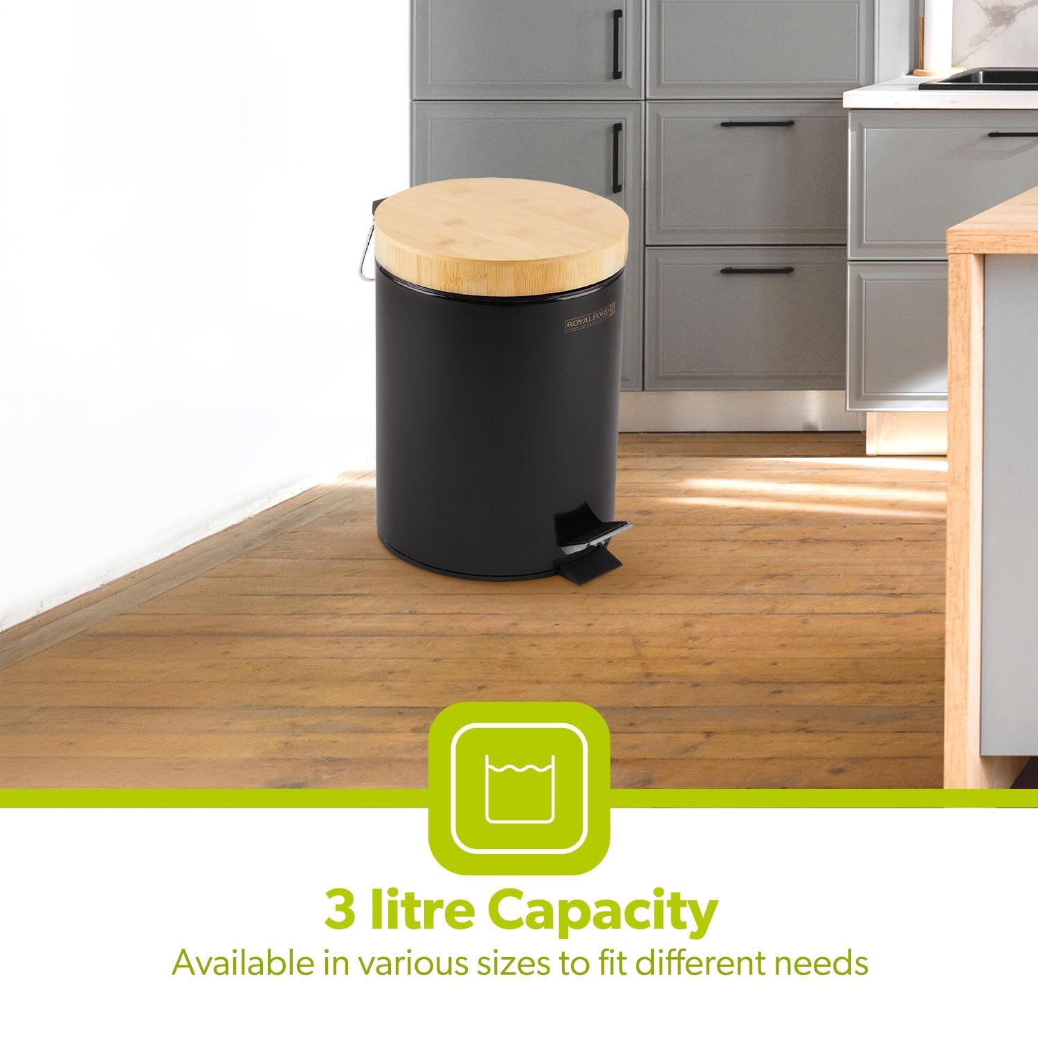 5L Black Pedal Home and Kitchen Bin With Wooden Lid