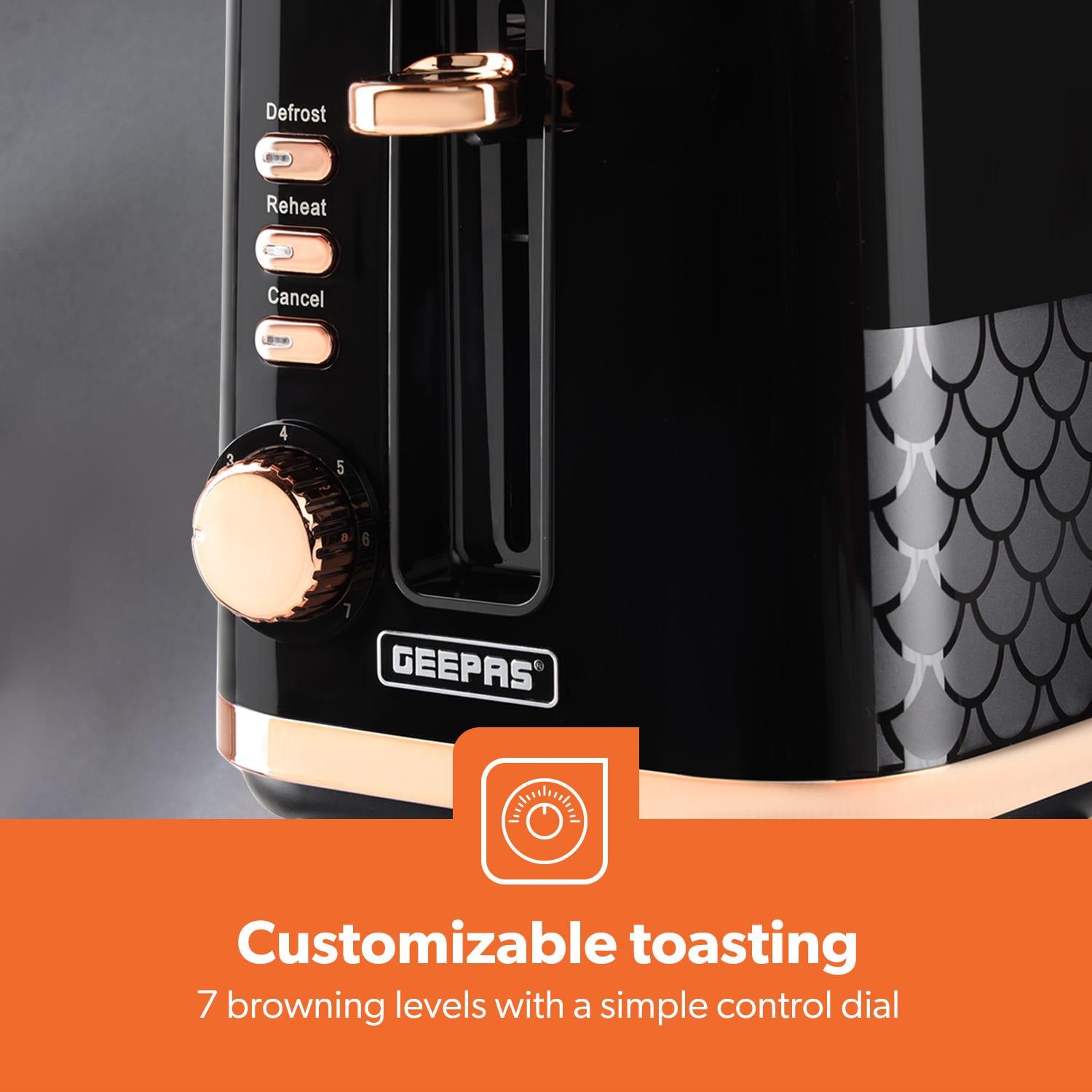 Aurora 2-Slice Black and Rose Gold Bread Toaster 7 Browning Levels