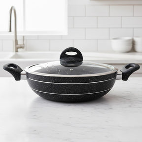 Wok Pan Frying Pan Glass Lid Non-Stick Granite Coating 28Cm