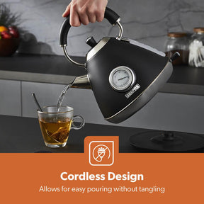 Black Retrovive Kettle, 4-Slice Toaster, 3 Canister Set, Bread Bin Mug Tree & Towel Pole