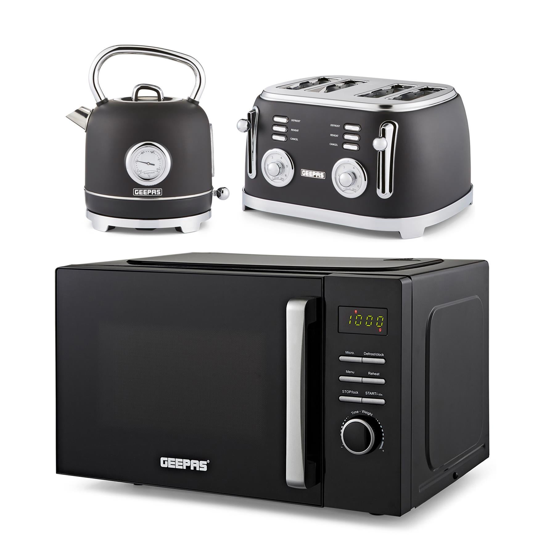 23L Digital Microwave Oven, 1.8L Retro Kettle & 4-Slice Toaster Set