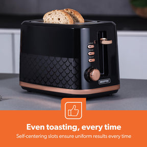 Aurora 2-Slice Black and Rose Gold Bread Toaster 7 Browning Levels