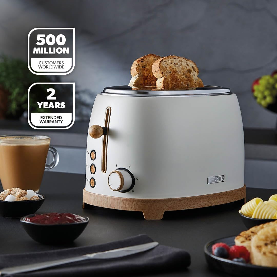 NordiQ Cream 2-Slice Bread Toaster With 6 Browning Levels