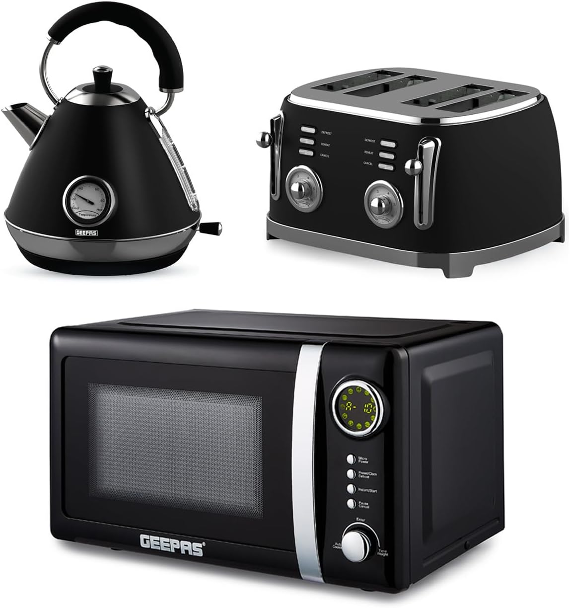 Retrovive Black 1.7L Electric Kettle, 4-Slice Toaster & 20L Digital Microwave