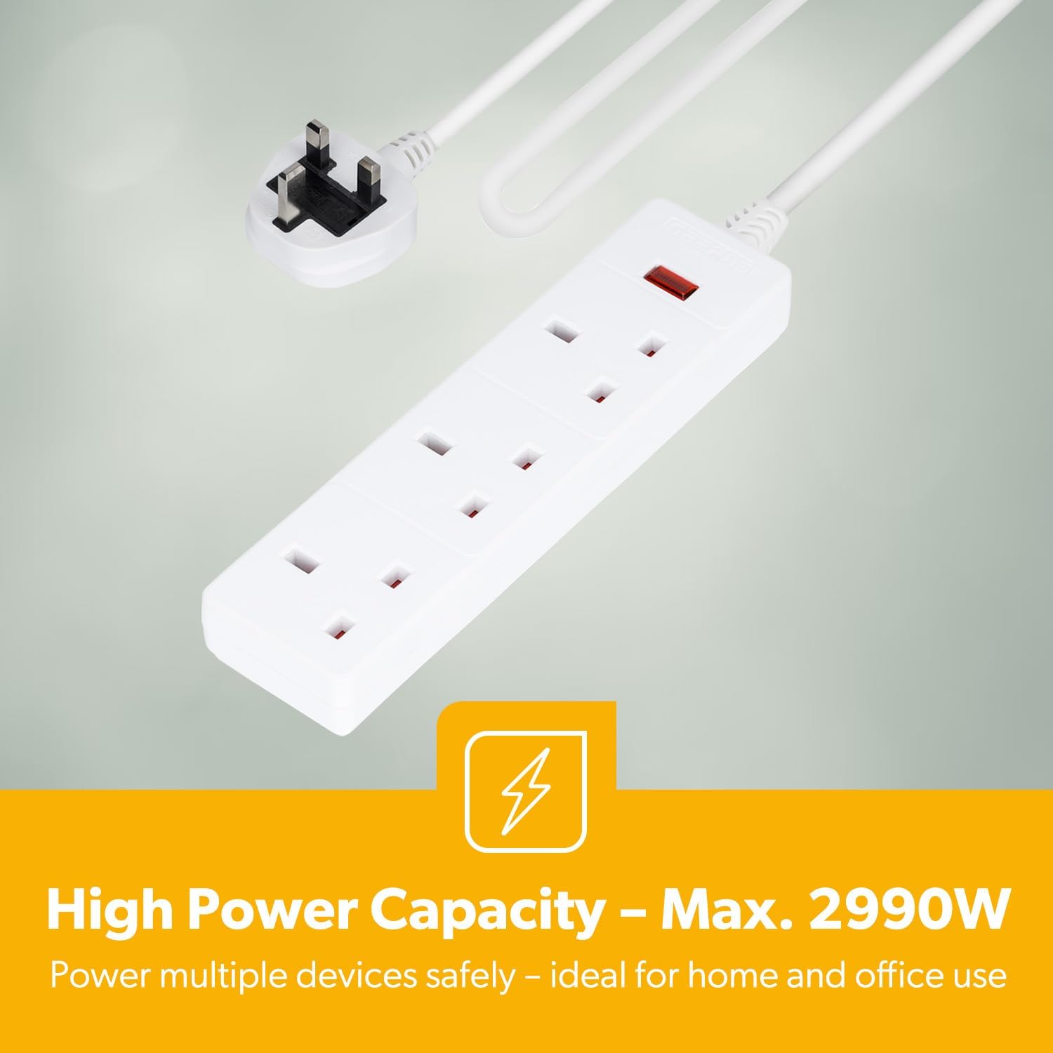 3 Gang Extension Lead, 2M Cable 3-Way Plug Extension Cable