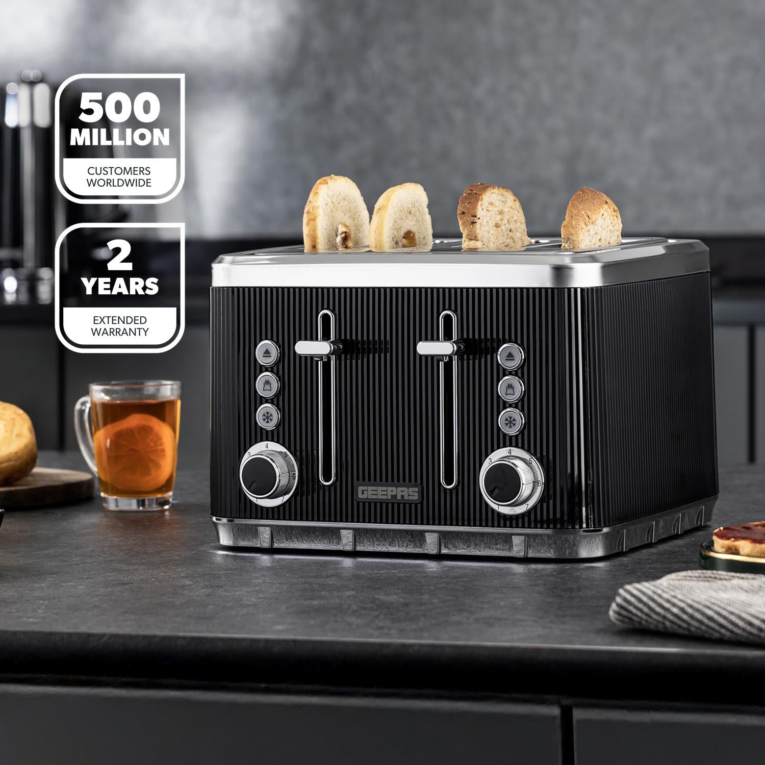 4 Slice Toaster 7 Browning, Defrost, Reheat Function 1860W Arcus Black
