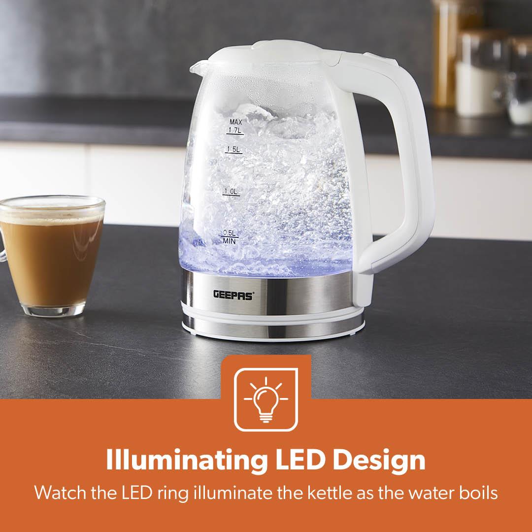 1.8L LED Glass Kettle and 4 Slice Toaster Set In White
