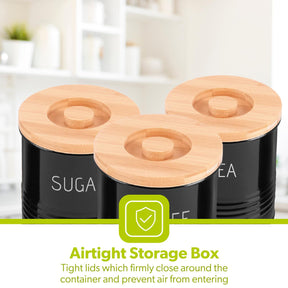 3-Piece Black Tea, Coffee and Sugar Kitchen Storage Canister Jars