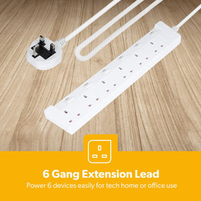6 Gang Extension Lead, 2M Cable 6-Way Plug Extension Cable