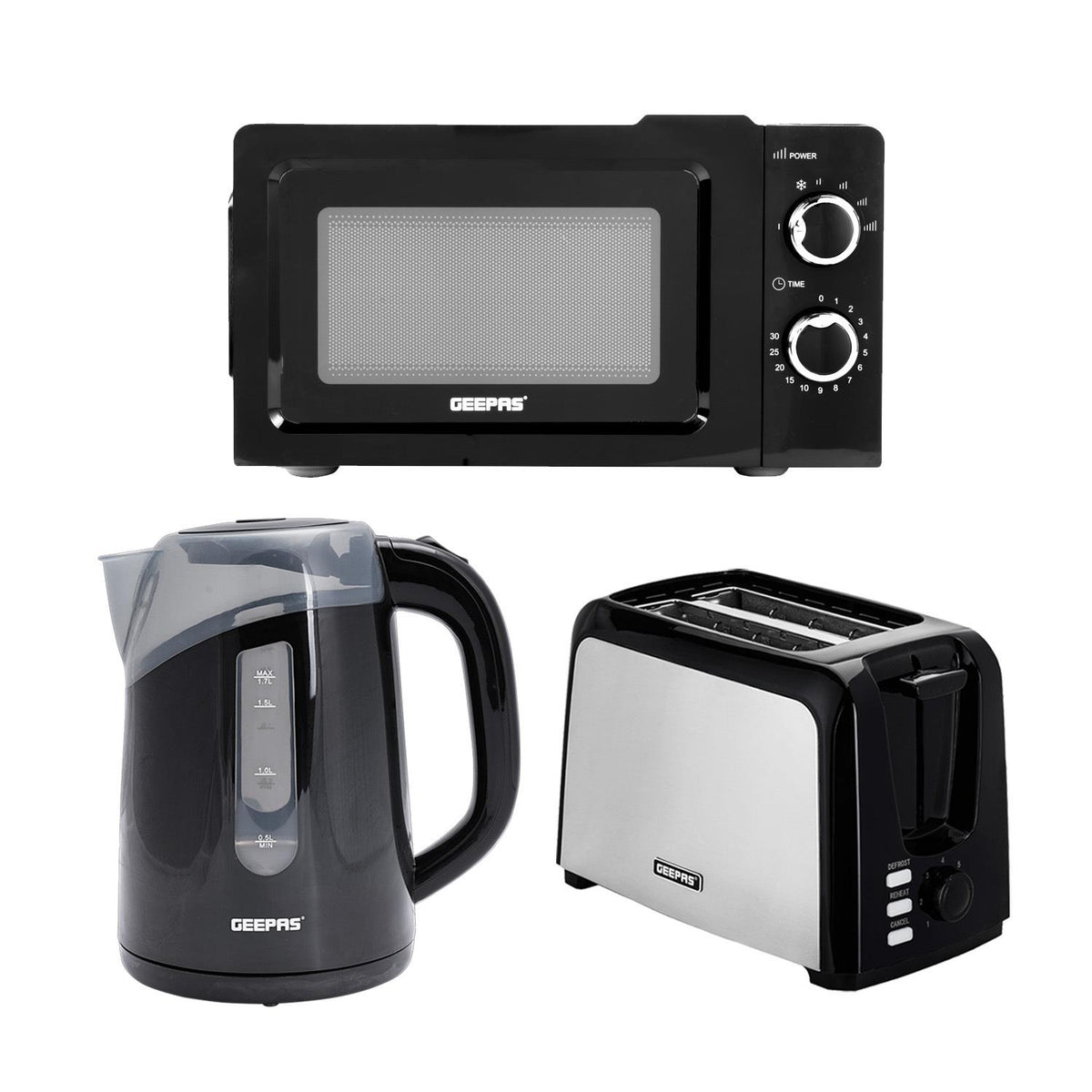 2 Slice Toaster, 1.7L Electric Kettle & 20L Microwave Oven Bundle