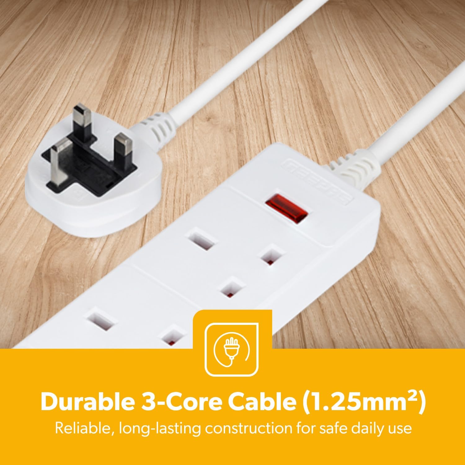 3 Gang Extension Lead, 2M Cable 3-Way Plug Extension Cable