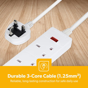 3 Gang Extension Lead, 2M Cable 3-Way Plug Extension Cable
