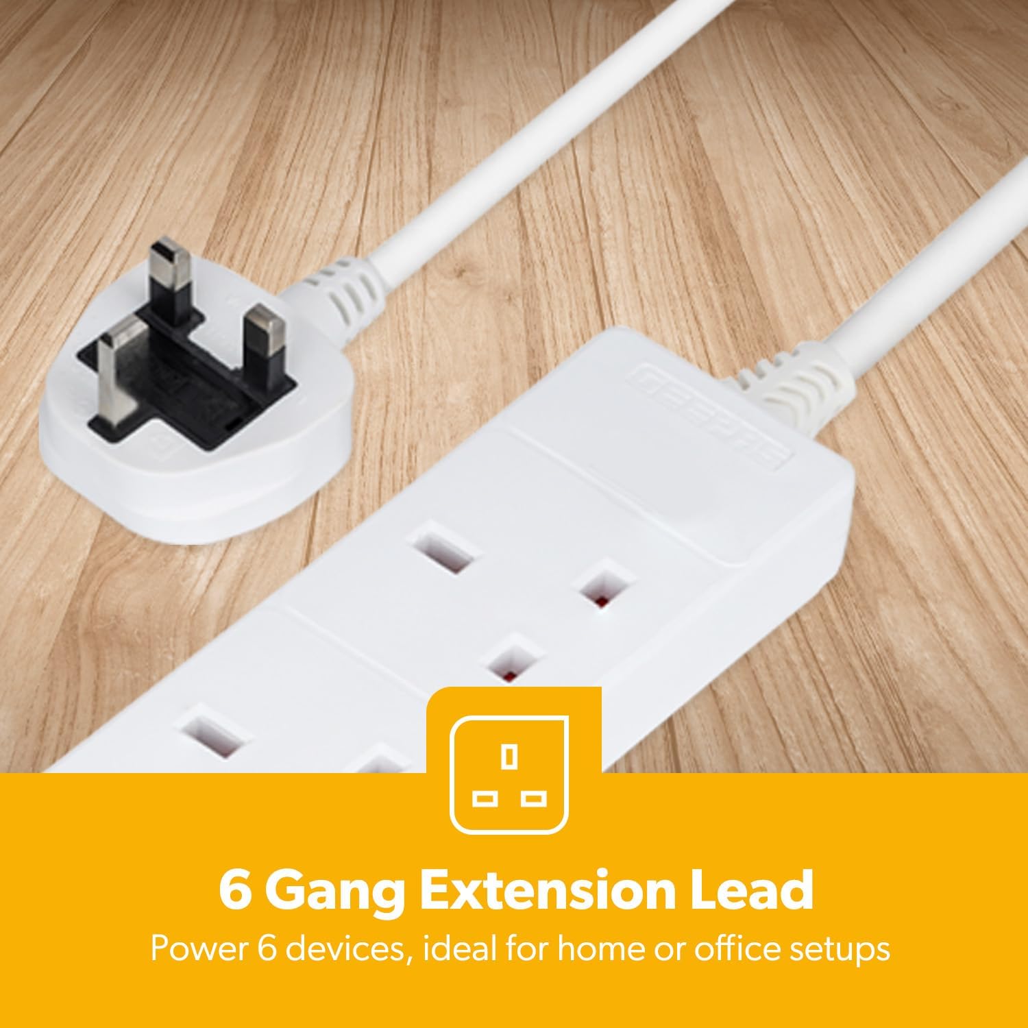 6 Gang Extension Lead, 1M Cable 6-Way Plug Extension Cable