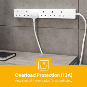 6 Gang Extension Lead, 2M Cable 6-Way Plug Extension Cable