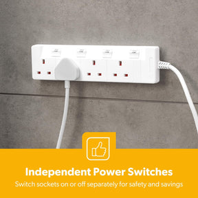 4 Gang Extension Lead, 2M Cable 4-Way Plug Extension Cable