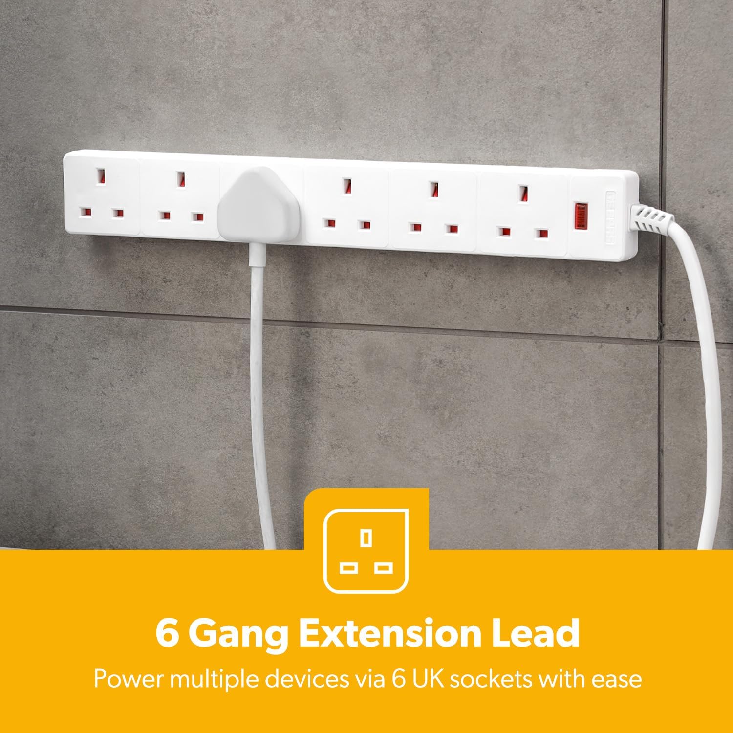 6 Gang Extension Lead, 3M Cable 6-Way Plug Extension Cable