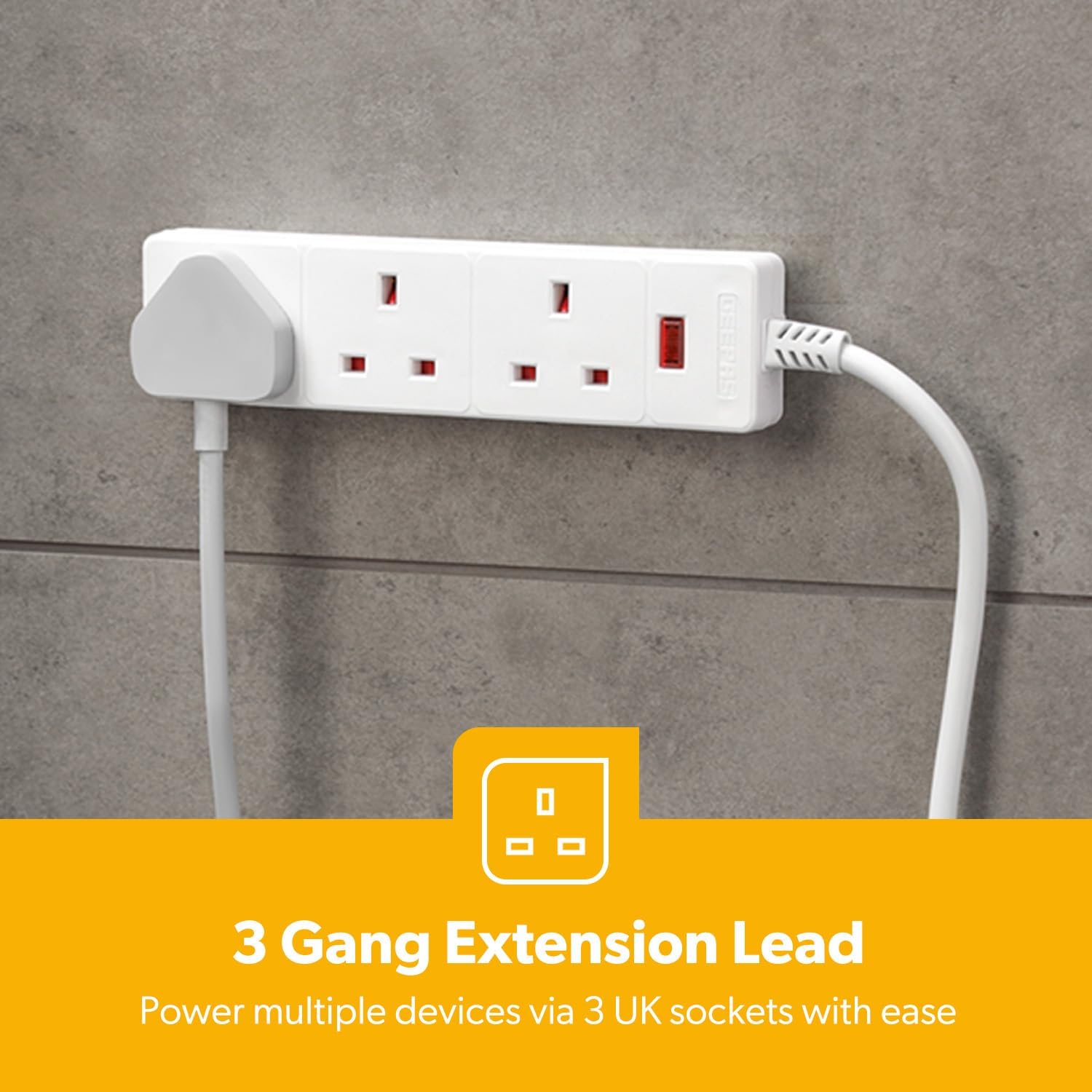 3 Gang Extension Lead, 1M Cable 3-Way Plug Extension Cable