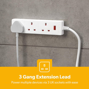 3 Gang Extension Lead, 1M Cable 3-Way Plug Extension Cable