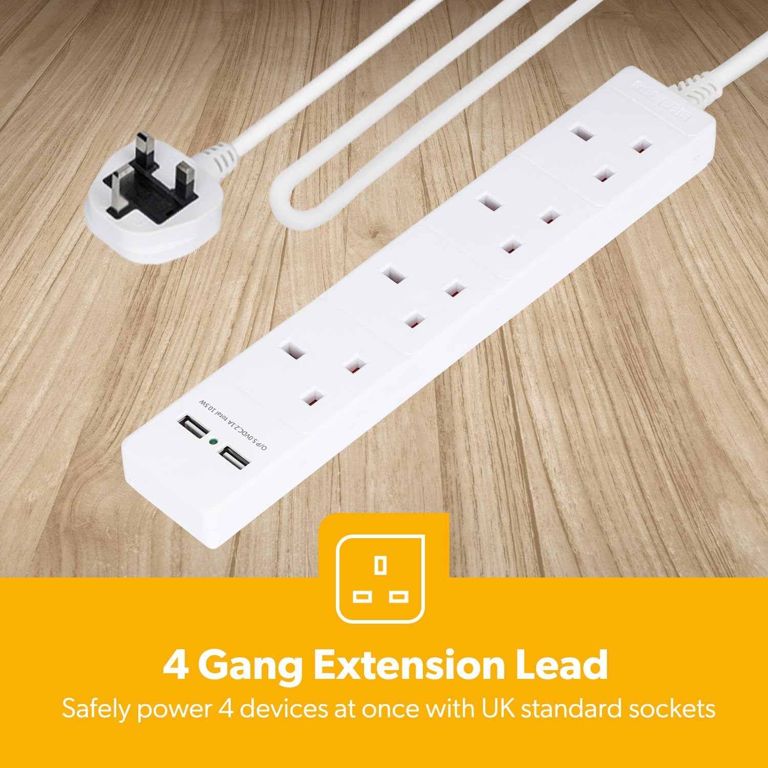 4 Gang Extension Lead With 2M Cable UK Plug White