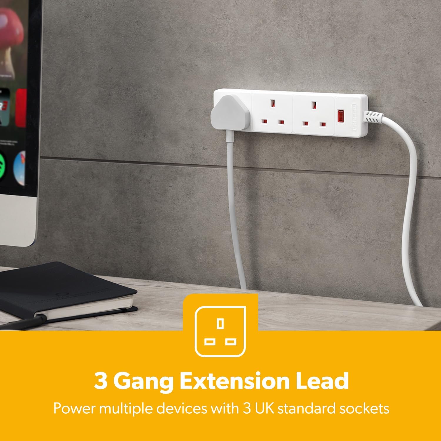 3 Gang Extension Lead, 5M Cable 3-Way Plug Extension Cable