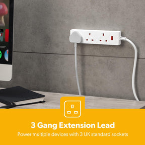 3 Gang Extension Lead, 5M Cable 3-Way Plug Extension Cable