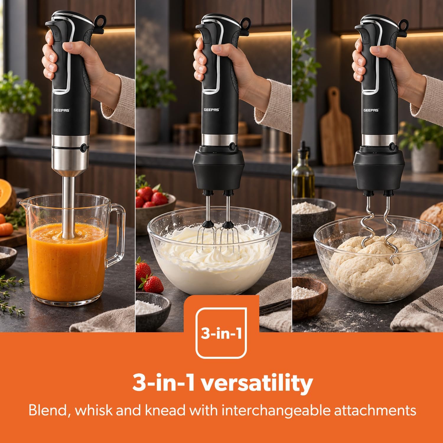 3-In-1 Black and Silver Hand Blender, Whisk & Beater