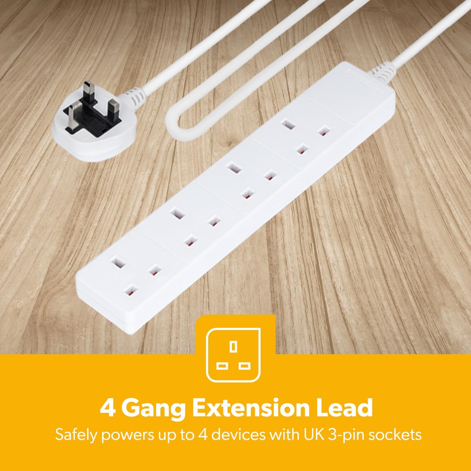 4 Gang Extension Lead, 2M Cable 4-Way Plug Extension Cable