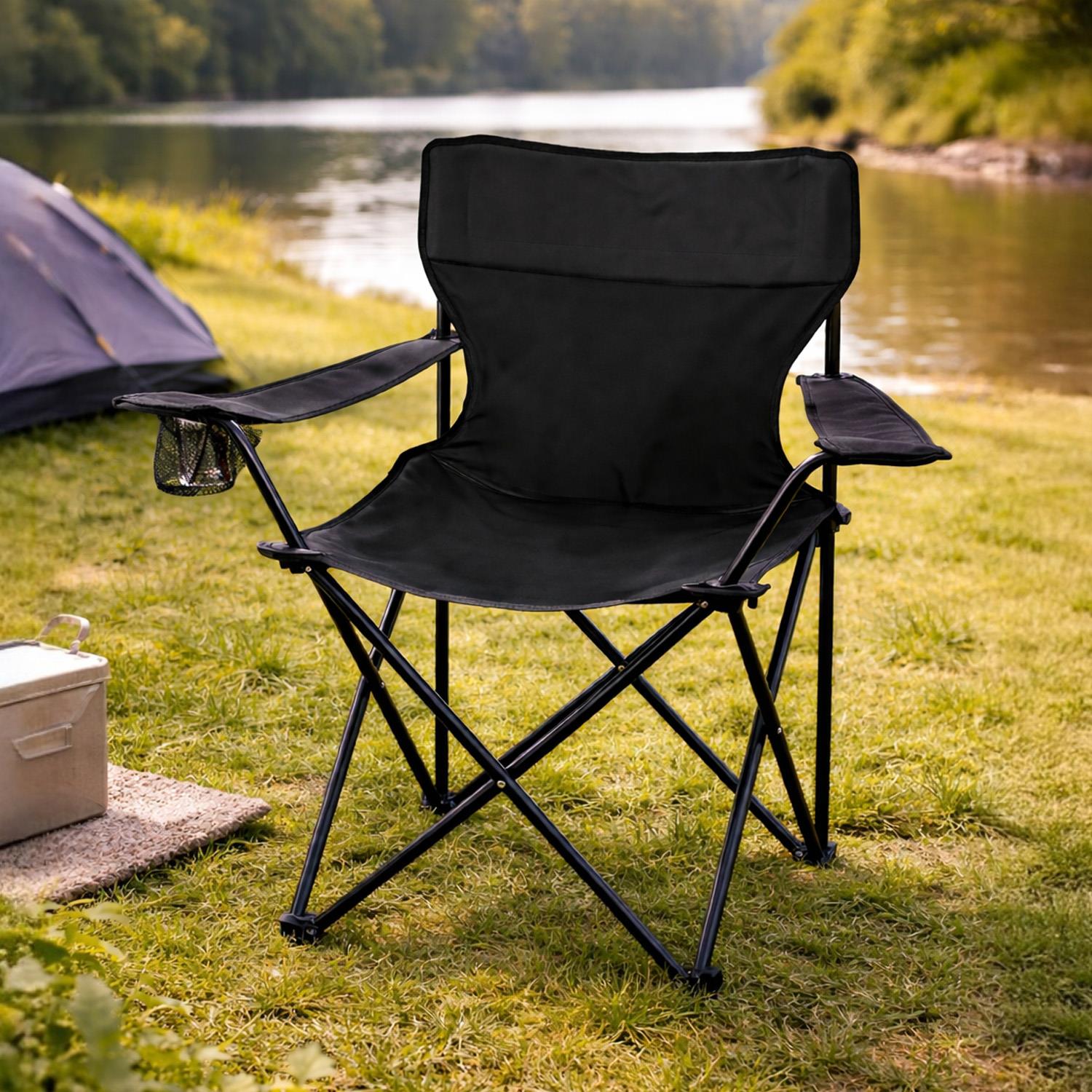 2-Pack Black Folding Camping Chairs With Integrated Cup Holder