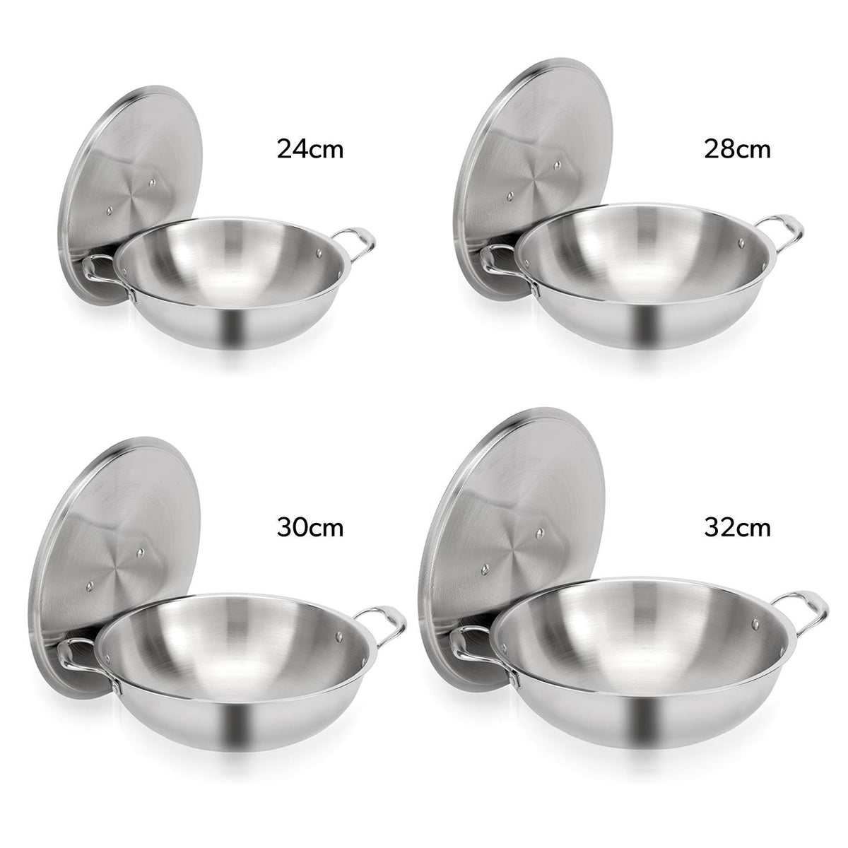 Triply Stainless Steel Wok With Lid (24cm-32cm)