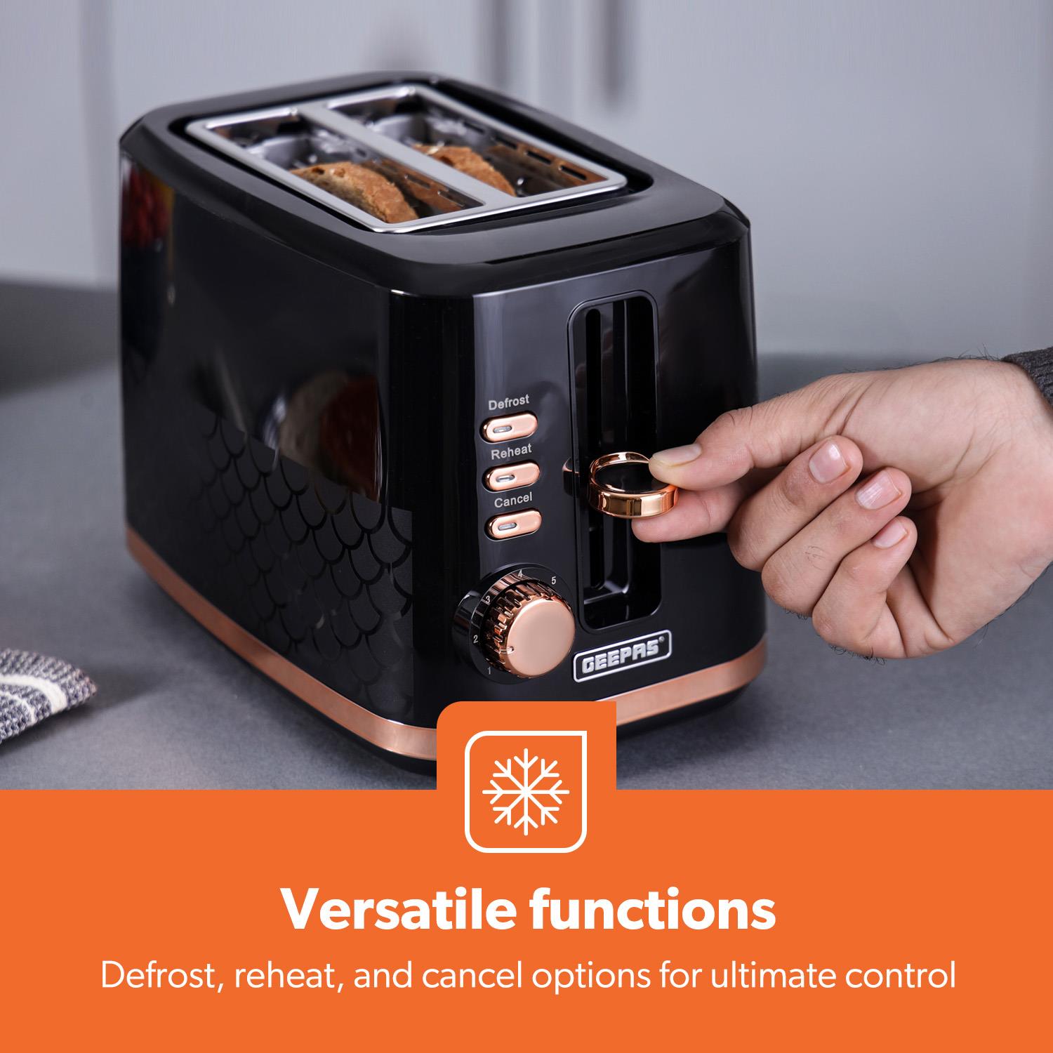 Aurora 2-Slice Black and Rose Gold Bread Toaster 7 Browning Levels