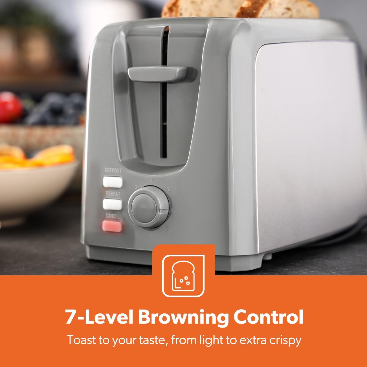 2 Slice Silver Toaster with 7 Level Browning Control 750W