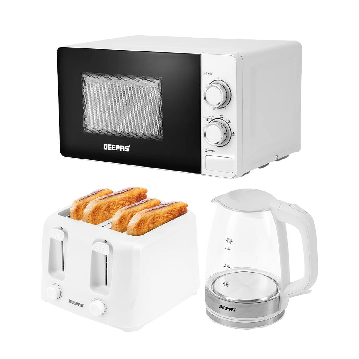 1.7L Glass Kettle, White Four Slice Toaster & Microwave Set