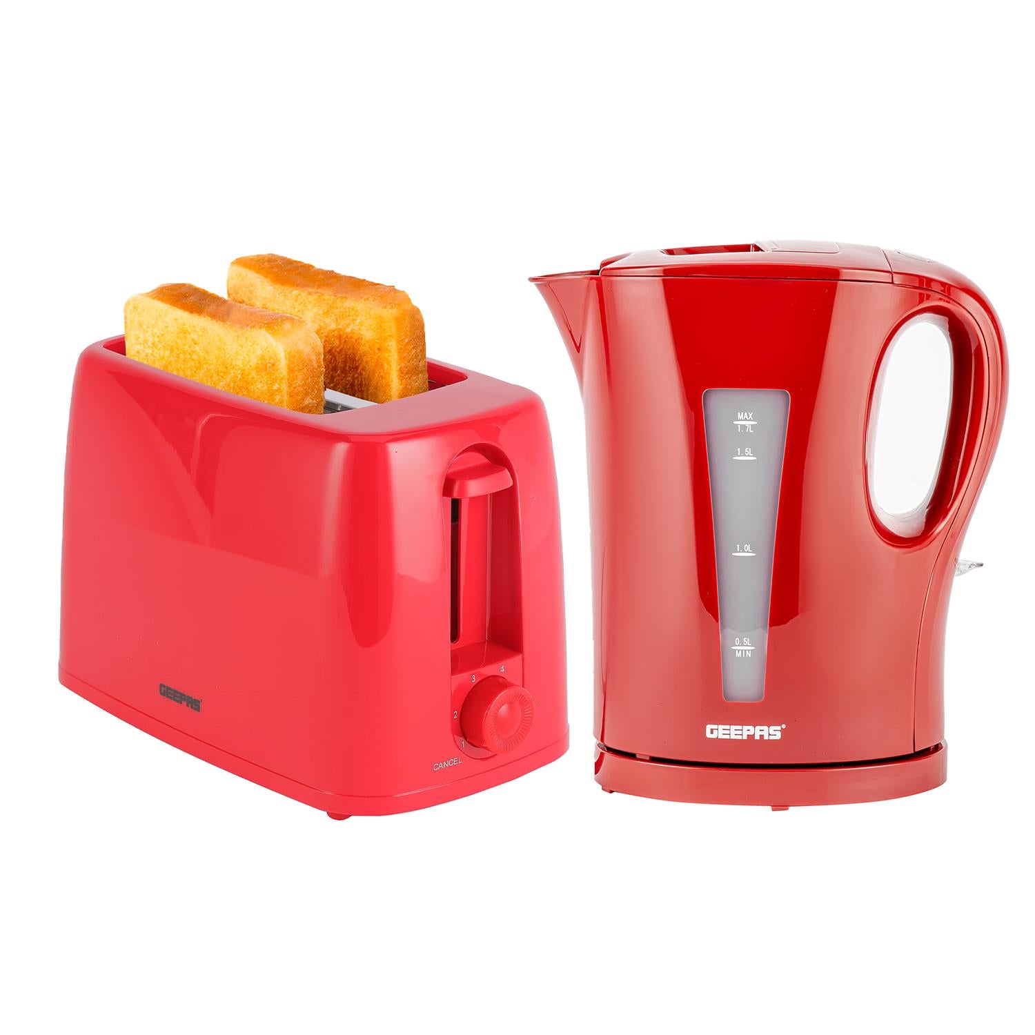 Red 1.7L Electric Kettle & 650W 2 Slice Bread Toaster Set