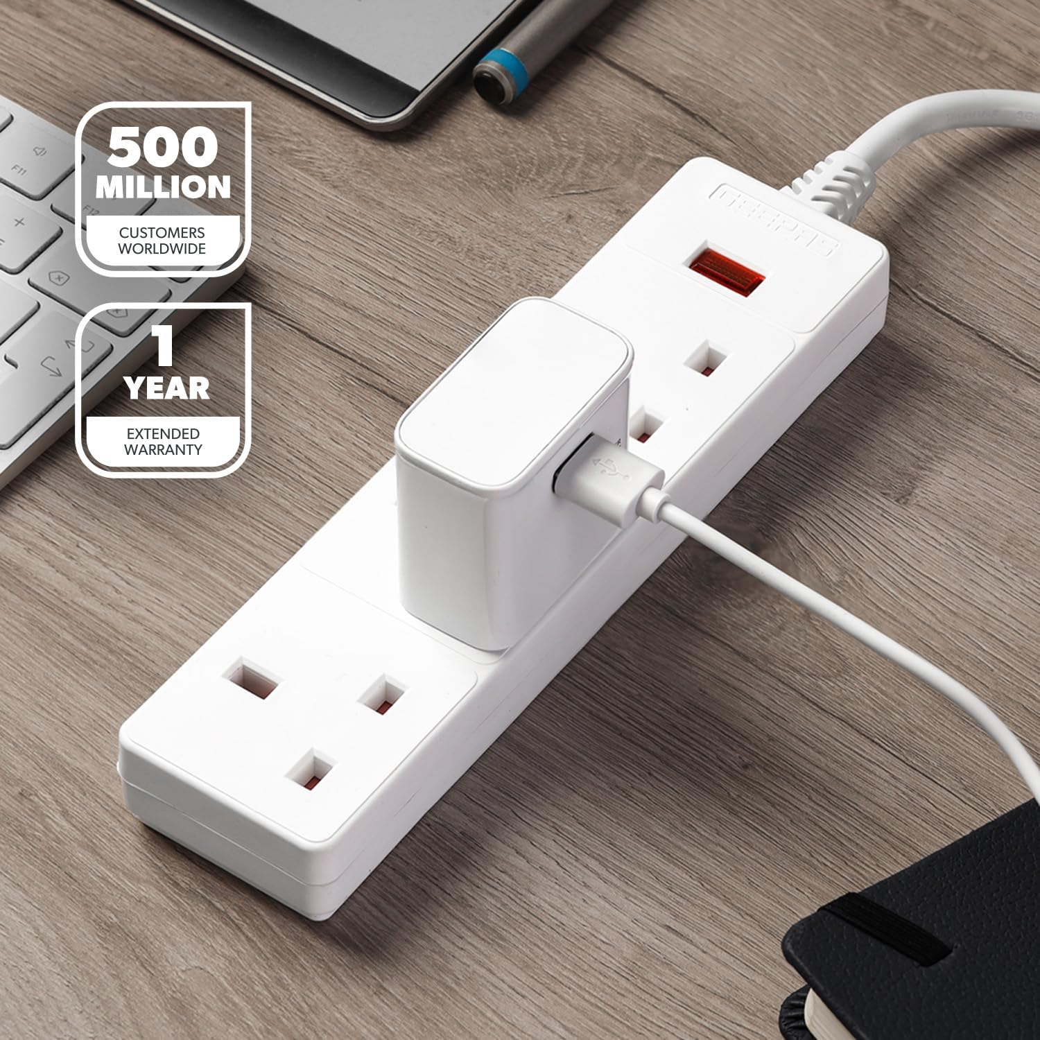3 Gang Extension Lead, 1M Cable 3-Way Plug Extension Cable